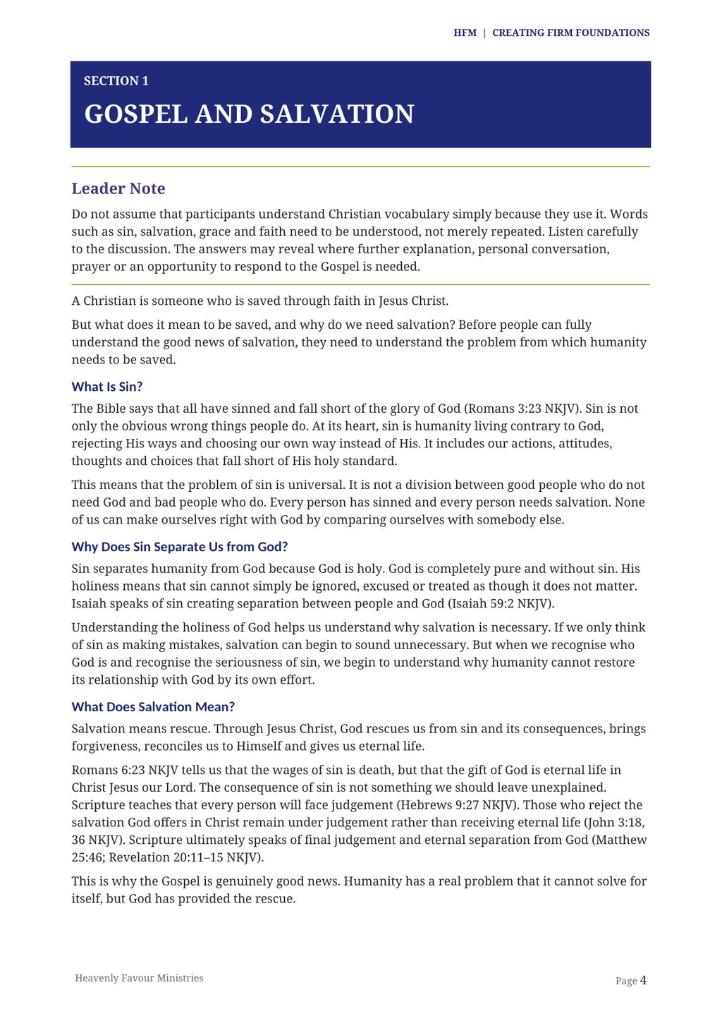 Creating Firm Foundations sample Gospel and Salvation teaching page