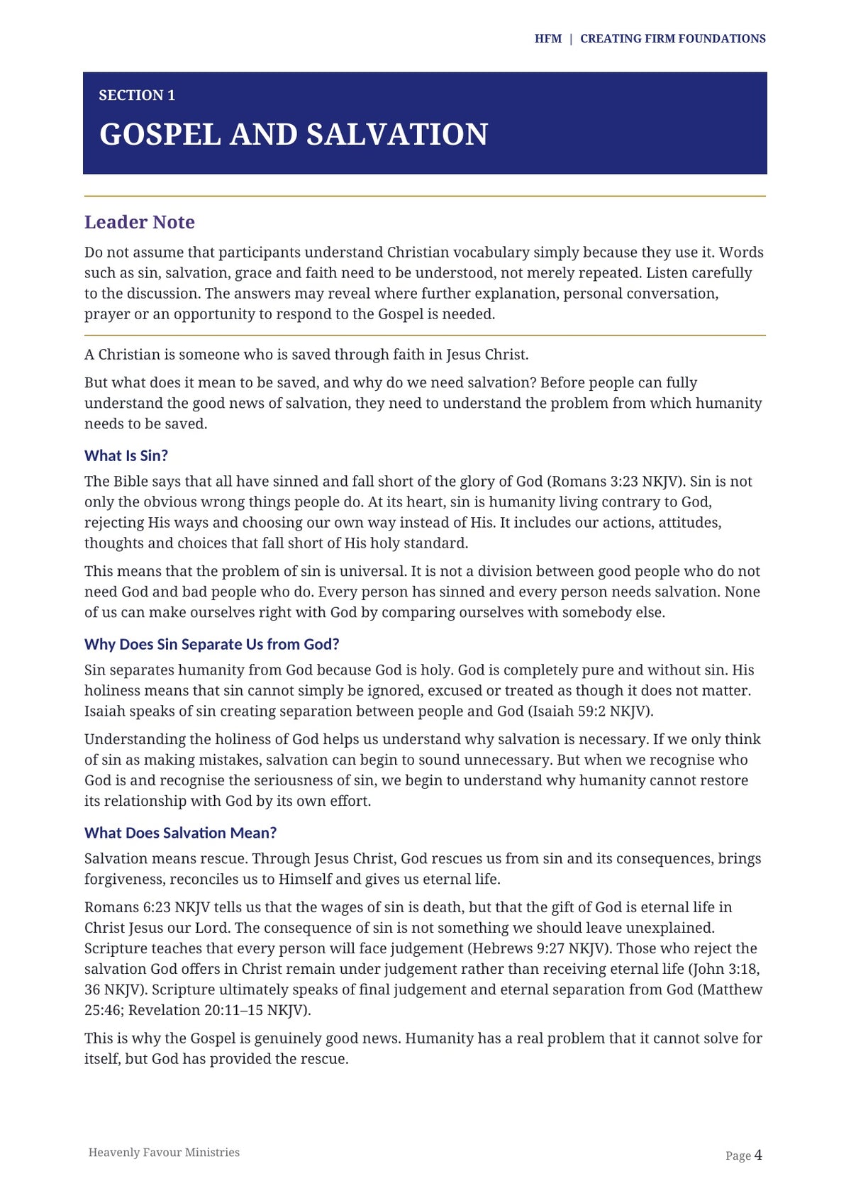 Creating Firm Foundations sample Gospel and Salvation teaching page